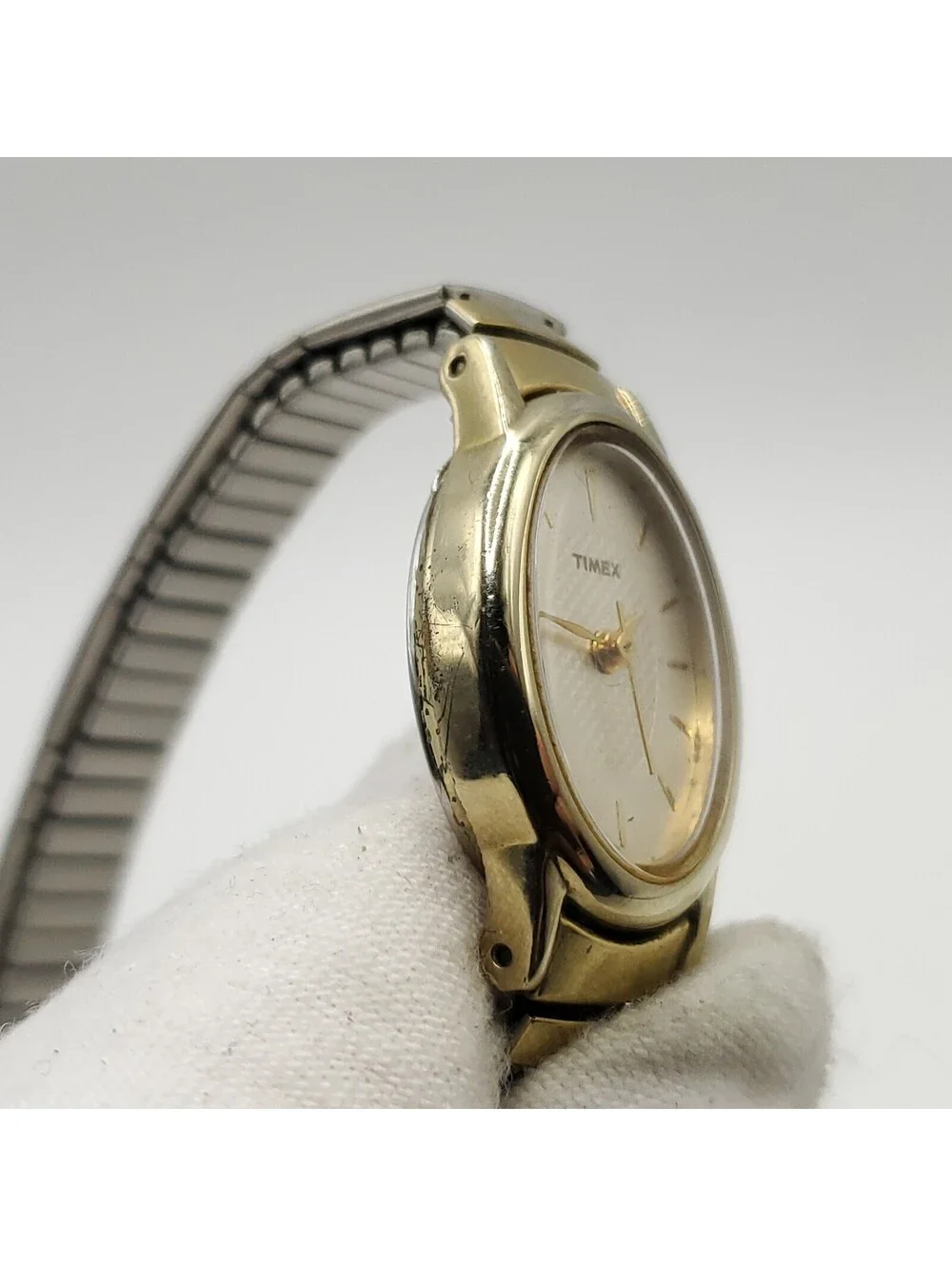 Timex Cavatina Oval Dial Two-Tone Womens Watch 18mm Stretch Band New Battery